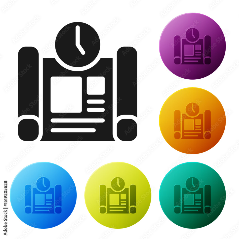 Poster black business project time plan icon isolated on white background. set icons in color circle button