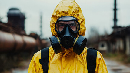 Person in yellow protective suit and gas mask stands in industrial area, conveying sense of caution and safety