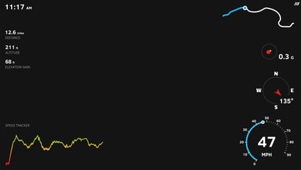 Vector telemetry overlay template on black background. Includes speed, altitude, GPS data, speed tracker and HUD elements. For action camera, car camera, sport videos, FPV overlays.