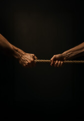 Two hands grip a rope tightly in a dramatic low-light setting, symbolizing conflict, tension, or struggle with intense lighting and sharp muscle detail.