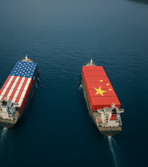 Overhead view of two opposing cargo ships at sea bearing US and Chinese flags, symbolizing rising tensions in international trade dynamics.