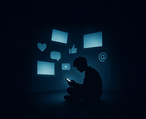 Simplified version of screen fatigue theme with a person sitting alone in front of social media icons, highlighting emotional disconnect caused by online interaction.