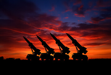 Silhouetted missile vehicles aligned against a glowing red sunset sky, emphasizing tension and global militarization under dramatic light.