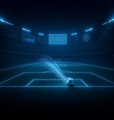 Futuristic football stadium glowing in blue with virtual data overlays, featuring a football with digital trajectory trails on a tech field.