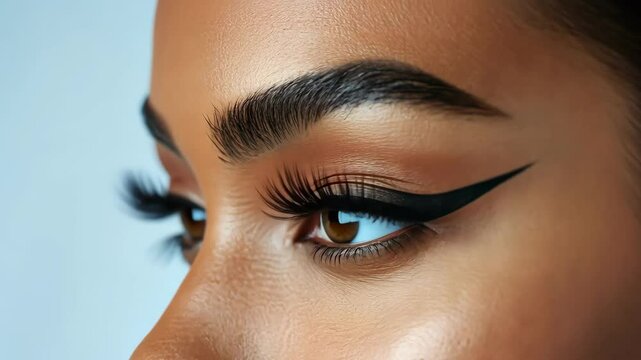 Close-up of African woman's eye with elegant black eyeliner and lashes on blue.