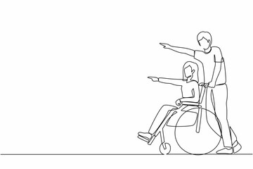 Single continuous line drawing happy wife have fun outdoor, pointing at park with husband. Caregiver man pushing woman on wheelchair, enjoy health care activity. One line draw graphic design vector