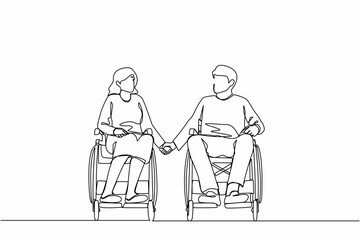 Single continuous line drawing disabled people on wheelchair living happy active lifestyle concept. Happy disabled couple man woman in wheelchair sitting and holding hands. One line draw design vector