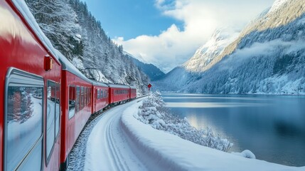 Scenic Winter Train Journey Through Snowy Mountains and a Crystal Lake