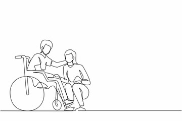 Single one line drawing young woman kneeling before man in wheelchair. Disabled husband sitting in wheelchair holding wife head in hospital ward. Continuous line design graphic vector illustration