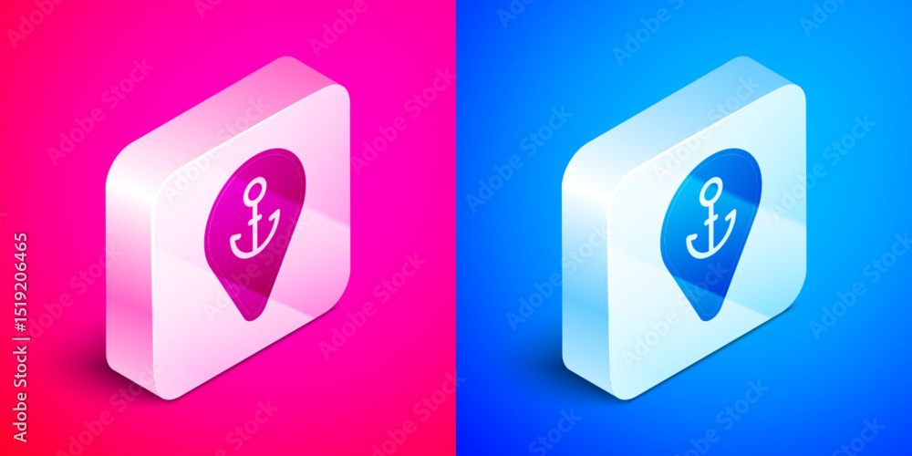 Poster isometric map pointer with anchor icon isolated on pink and blue background. silver square button. v