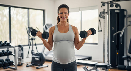 Fototapeta premium Expecting mother maintains active lifestyle with dumbbell workout in modern home gym facility