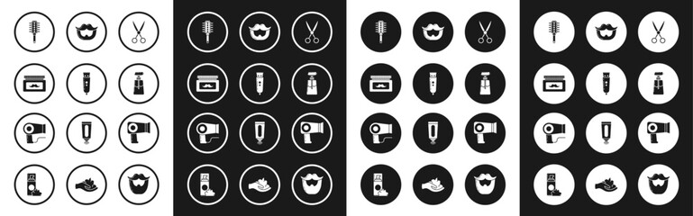 Set Scissors hairdresser, Electrical clipper shaver, Cream lotion cosmetic jar, Hairbrush, tube, Mustache and beard, dryer and icon. Vector