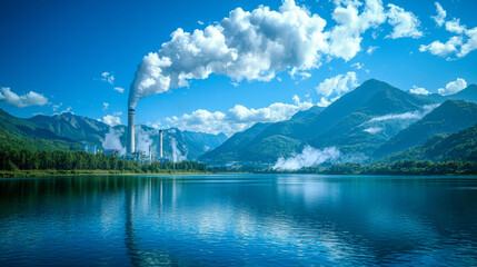 Pollution cloud rising from smokestack over lake with mountains in background, showcasing industrial impact on nature