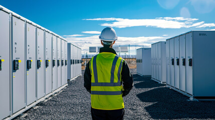 Technician in safety vest inspects large lithium battery storage units under clear blue sky, showcasing modern energy facility