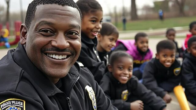 A joyful police officer engaging with children in a community setting.