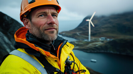 Technician in safety helmet stands confidently near wind turbine, showcasing expertise in offshore energy