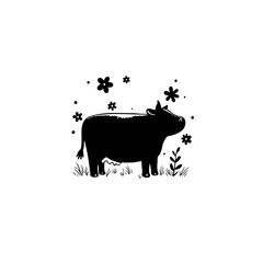 Silhouette illustration of a cow with flowers, creating a simple and cute design