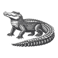 Obraz premium Vintage Hand-Drawn Crocodile Full Body Standing Illustration, Powerful Reptile Engraved Style Vector for T-Shirts and Wildlife Design