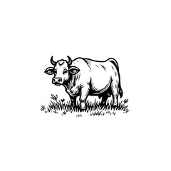Detailed black and white illustration of a cow in a grassy field drawing