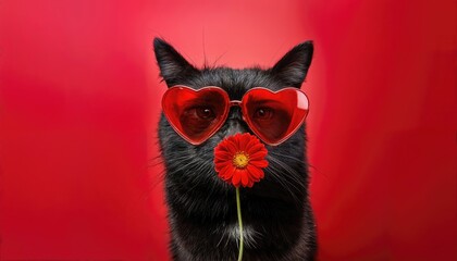 Vibrant Black Cat Strikes a Playful Pose with HeartShaped Sunglasses and Red Daisy, Set Against a Bold, Bright Red Background Emblematic Pop Art Portrayal of Modern Fashion Trends