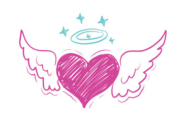 Hand Drawn Vector Creative Doodle Heart Design Element. Isolated on White Background. Magenta and Blue Neon Colors Sketch Design. Angel Heart with Wings and Halo love heart symbol. 