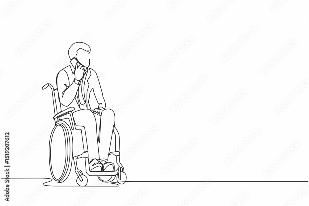 Poster continuous one line drawing disabled guy in wheelchair having phone conversation while working from 