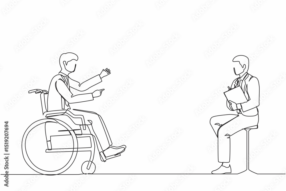 Poster continuous one line drawing job interview for people with disabilities. disabled man sitting in whee