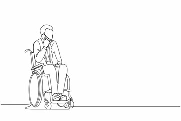 Continuous one line drawing disabled guy in wheelchair having phone conversation while working from home. Injured businessman talking with client on mobile phone. Single line draw design vector