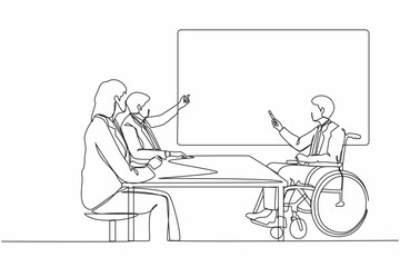 Single continuous line drawing disabled man giving presentation to colleagues. Businessman listening to disable executive in wheelchair presenting business strategy. One line graphic design vector