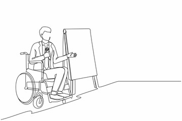 Single one line drawing young businessman on wheelchair using microphone, presentation of infographics on flip chart at weekly office report meeting. Modern continuous line draw design graphic vector