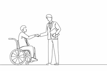 Single continuous line drawing disabled businessman in wheelchair shaking hand with business partner or boss. Injured manager dialogue with business colleague. One line draw graphic design vector.