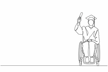 Single one line drawing inclusive affordable education. Graduate of disabled student in wheelchair has learned from program of school, university. Continuous line design graphic vector illustration