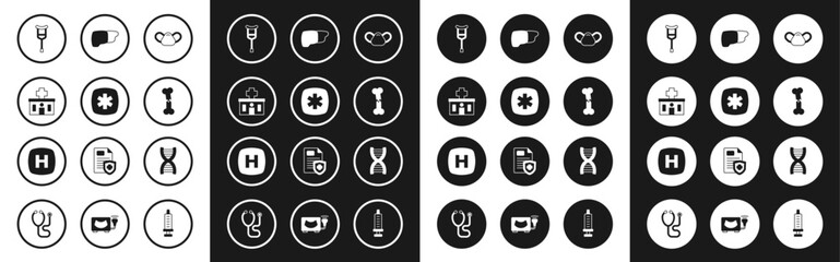 Set Medical protective mask, Emergency - Star of Life, Hospital building, Crutch or crutches, Human broken bone, organ liver, DNA symbol and signboard icon. Vector
