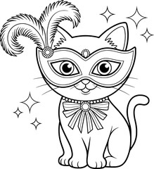 Adorable kitten wearing a masquerade mask and feather