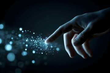 A hand touches glowing particles in a dark, futuristic environment, creating a magical and sparkly visual effect.