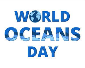 World Oceans Day text in paper art style. Concept of environmental awareness and sustainability. Typography 