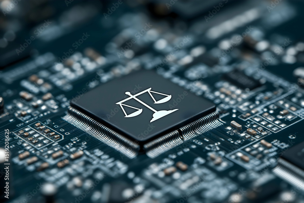 Poster a microchip with a justice scale symbol sits on a circuit board, representing the intersection of la