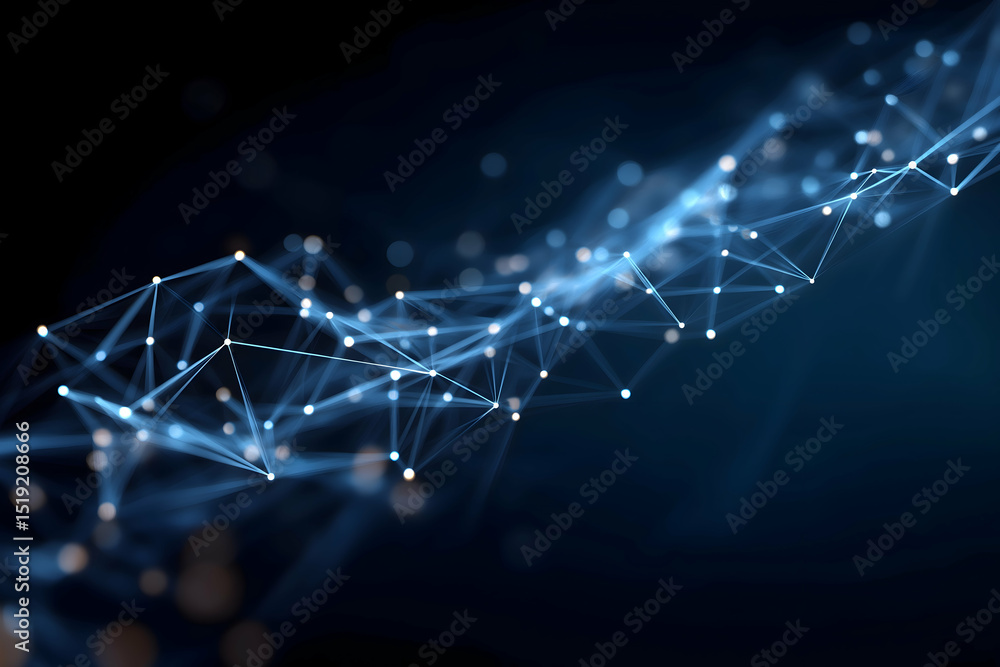 Poster glowing blue network lines and nodes form an abstract, futuristic digital web on a dark background.