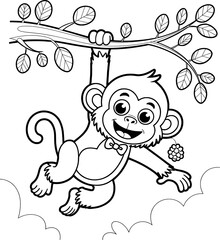 Adorable monkey hanging from tree branch coloring page