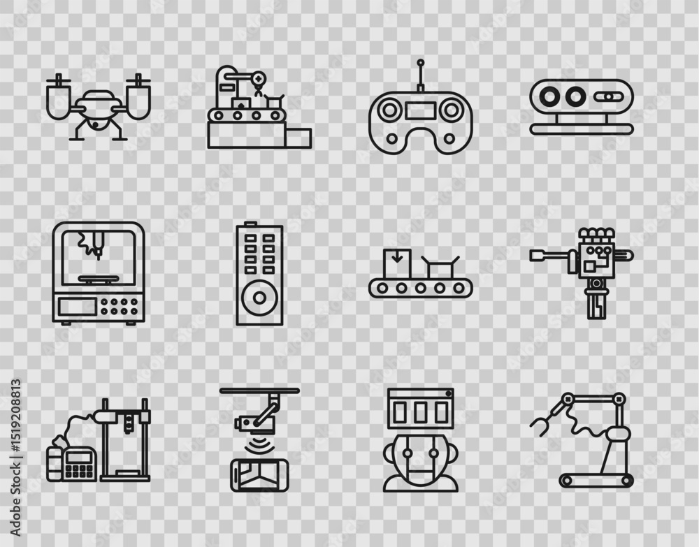 Poster set line 3d printer, remote control, wireless controlling cctv security camera, drone flying with ac
