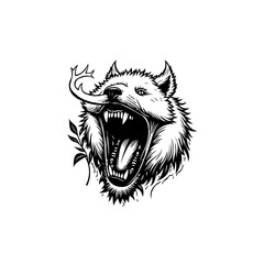 Fierce wolf head with open mouth, artistic drawing evoking strength and wilderness