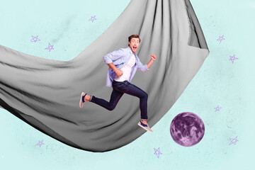Banner 3d poster art collage of happy girl guy stand space galaxy moon planet cosmos discovery...