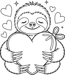 Adorable sloth holding a big heart valentines day coloring page