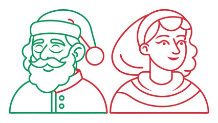 Christmas Couple Santa Claus and Mrs Claus in Green and Red Outline