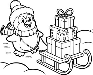 Adorable penguin pulling sleigh full of christmas presents