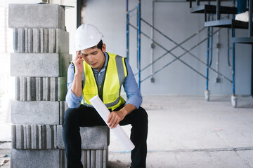 Asian male engineer wearing a hard hat and safety vest sits on concrete blocks, visibly stressed...