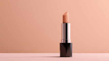 A lipstick tube is the focus of the image, positioned centrally against a peach backdrop. It has been uploaded to the Adobe Stock website.