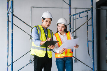 Asian male and female engineers wearing safety vests and helmets inspect structural elements,...