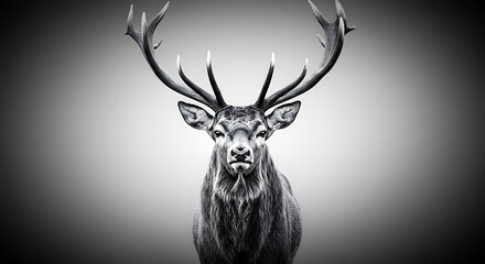 Artistic pencil drawing of a stag in front-facing position, with detailed fur and symmetrical antlers, rendered in a realistic black and white style on a soft blurred background