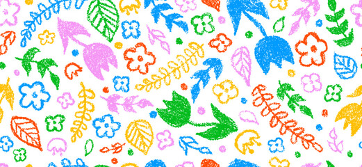 Flowers and plants, set of hand drawn colorful charcoal pencil doodle in childish style. Vector seamless pattern, banner, background
